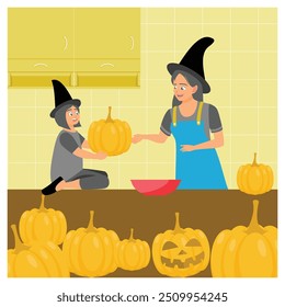 A mother and daughter wearing witch costumes. Little girl holding pumpkin indoors. Halloween concept. Flat vector illustration.