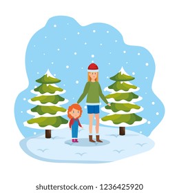 mother and daughter with winter clothes in snowscape