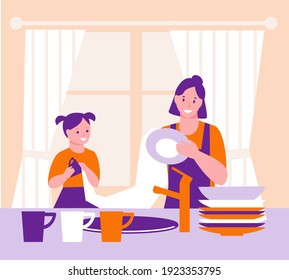 Mother and daughter are wiping the washed dishes. The concept of helping parents, household, joint affairs. Vector illustration in flat cartoon style.