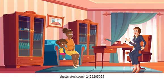 Mother with daughter and woman in business suit sitting in therapist office or school principal cabinet. Cartoon vector illustration of appointment with psychologist or conversation with director.