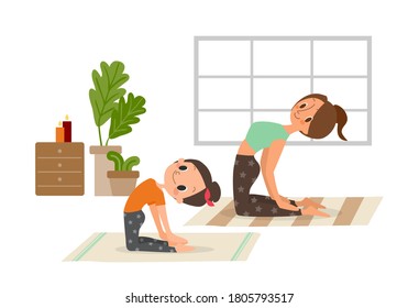 Mother and daughter, woman and child girl doing yoga exercises. vector catoon illustration.