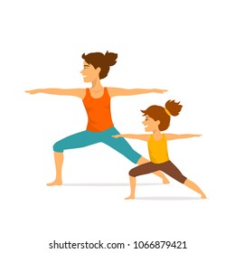 Mother And Daughter, Woman And Girl Child Doing Yoga Exercises, Standing In Warrior Two Position, Isolated Vector Illustration Sport Scene