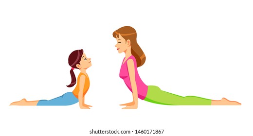 Mother and daughter, woman and girl child doing yoga exercises, isolated vector illustration sport scene. Healthy Lifestyle Concept. Mother's day. Isolated vector illustration in cartoon style