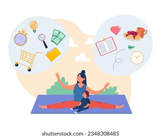 Mother and daughter with work and household elements in bubbles. Woman and little girl doing yoga together, mom balancing responsibilities vector illustration. Motherhood, work-life balance concept