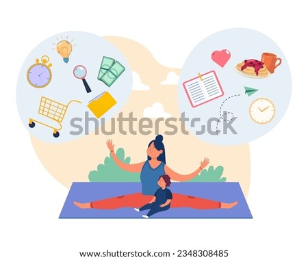 Mother and daughter with work and household elements in bubbles. Woman and little girl doing yoga together, mom balancing responsibilities vector illustration. Motherhood, work-life balance concept