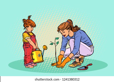 mother and daughter working in the garden, planting a seedling. Pop art retro vector illustration vintage kitsch