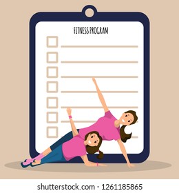 Mother and Daughter Workout Doing Fitness Program. Banner Image Happy Smiling Woman and Child Yoga Pose. Family Fitness Training Individual Sports Program. Healthy Lifestyle People.