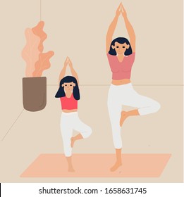 Mother and daughter yogi together in yoga asana pose meditation at home vector illustration.