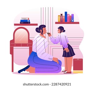 Mother and daughter. Young smiling mother spends time together with her little child. Girl applying makeup to mom. Motherhood and parenting. Love, tenderness and care. Cartoon flat vector illustration