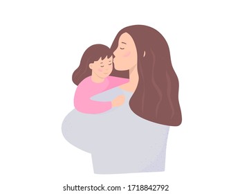 Mother and daughter. A young woman holds a child in her arms and kisses it. Parents and children spend time together. Template for a mother's Day card, banner, poster,background, flat vector.
