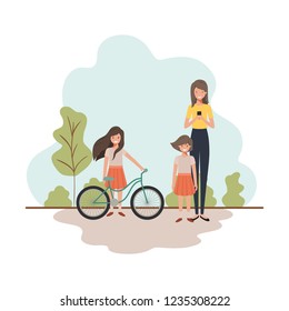 mother and daughters with bicycle in landscape
