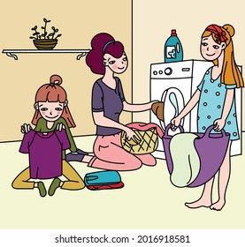 mother and daughters. children helping  mother. children helping  mother to do laundry