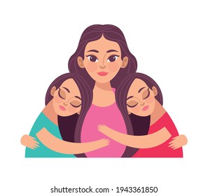 madre e hijas abrazando personajes