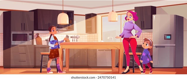 Madre e hijas en la cocina. Ilustración de dibujos animados de Vector de mujer adulta feliz, adolescente y niña de pie en el departamento de la mañana antes del desayuno, luz del día en la ventana, relación familiar