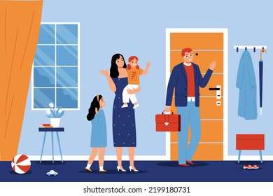 Mother and daughters see off dad leaving home for work in hall flat vector illustration