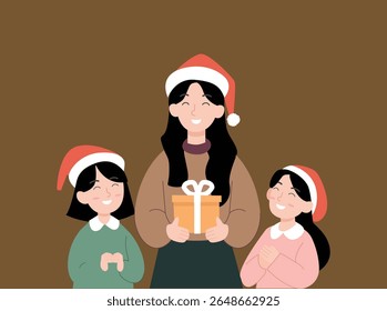 Mãe e filhas sorrindo com caixa de presente de Natal