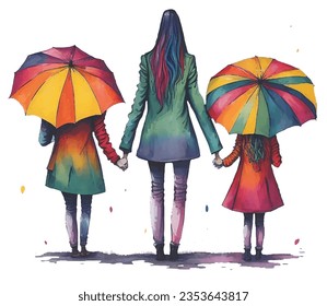 Mother and daugter watercolor illustration. Mother's day clipart. Watercolor art.