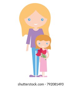 Mother day art design mom and daughter with flowers. Beautiful happiness family sweet little child baby and parent.