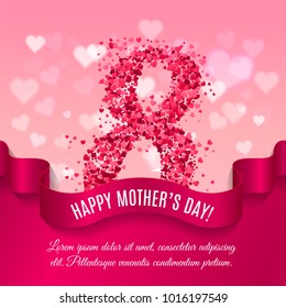 Mother day background with silk ribbon and 8 match made of pink paper hearts. Greeting card for women or mother s day. Vector illustration