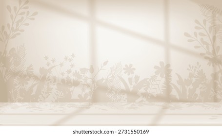 Fondo del día de la madre, sombra de la flor de la primavera, luz de la ventana en la pared marrón y el piso vacío showroom studio.Backdrop para cosméticos, Boda, San Valentín, Anuncio de Pascua, presentación de maqueta del producto de la primavera de la Naturaleza