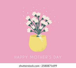 Mother Day card with beautiful flowers in a yellow vase on a pink background.