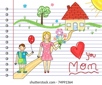Mother Day card    kids crayon drawings  Over white notebook page  Vector file saved as EPS AI8  all objects grouped   layered  no gradients  no effects  easy printing 