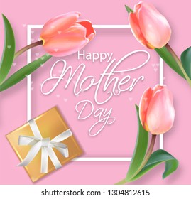 Mother day card with tulips bouquet Vector realistic. Gifts and flowers on pink background. Delicate holiday poster. Spring summer season card 3d illustrations.