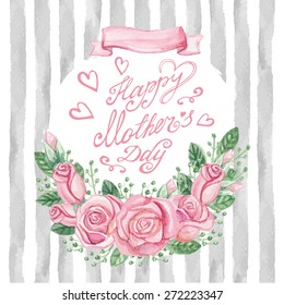 Mother day Card.Watercolor pink roses bouquet,catchword, headline,grunge grey strips pattern background.Hand drawn watercolor decor.Cute invitation,greeting card.Vintage Vector