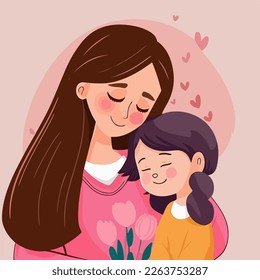 Mother day cartoon illustration. Mother hugging her daughter.