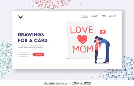 Mother Day Celebration Landing Page Template. Son Embrace and Kiss Mother front of Huge Handmade Greeting Card with Love Mom Inscription, Loving Family Characters. Cartoon People Vector Illustration