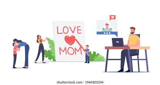 Mother Day Concept. Tiny Child Character Writing Love Mom on Huge Notebook Page, Children and Adults Congratulate their Mothers, Kissing, Use Online Connection. Cartoon People Vector Illustration