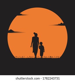 Mother day concept. mother walked in hand with her son in the sunset. holiday, silhouette, vector illustration flat design