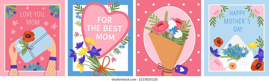 Mother day floral cards. Flower card with bouquet and hands. Happy surprise for mom, fun poster with spring summer garden plants. Gift postcards decent vector set