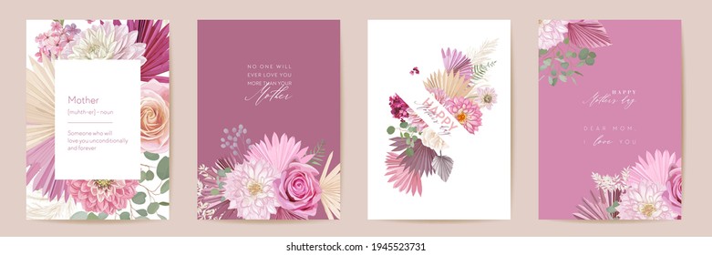 Tarjeta de saludo floral del día de la madre. Acuarela mínima juego de postales. Rosa vectorial, flores dahlia, diseño de plantilla de hojas de palma. Marco de hierba de Pampas. Tipografía de ramo de flores de primavera. Folleto moderno para la mujer