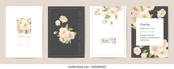 Mother day floral postcard. Mom and child modern card. Spring bouquet vector illustration. Greeting realistic sakura cherry flowers template, flower background, summer party design for mothers