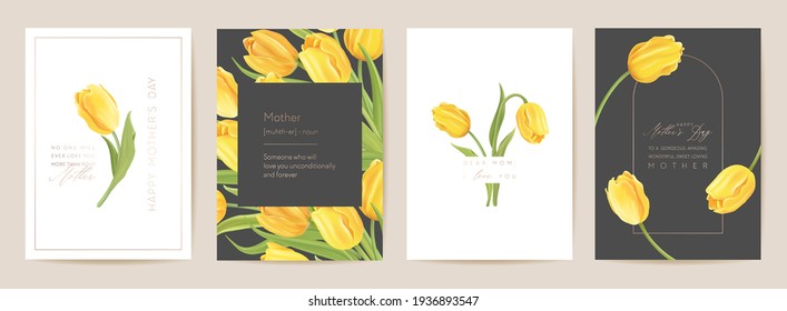 Mother day floral spring postcard. Greeting realistic tulip flowers template, modern flower background. Yellow bouquet vector illustration. Mom and child card, modern summer party design for mothers