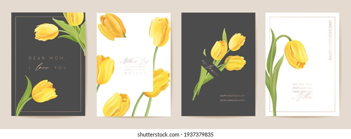 Mother day floral spring postcard. Greeting realistic tulip flowers template, modern flower background. Yellow bouquet vector illustration. Mom and child card, modern summer party design for mothers