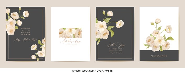 Postales de primavera floral del día de la madre. Saludo la plantilla realista de flores de cerezo sakura, moderna ilustración vectorial de fondo de flores de ramo. Tarjeta madre e hijo, diseño de fiestas de verano para madres