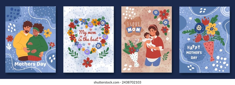 Mother day, flower card. Floral watercolor posters, happy birthday postcard. Background pattern design. Child baby with mom. Love nature plant. Woman and children vector tidy cartoon flat illustration