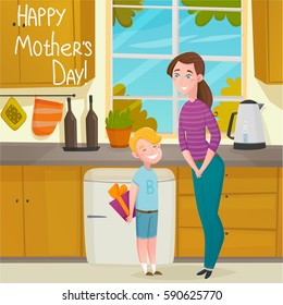 Mother day gift composition with mom and child with fancy box cartoon characters in kitchen interior vector illustration