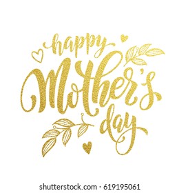 Mother Day gold glitter text for vector premium greeting card on luxury black background with hearts and flowers ornament