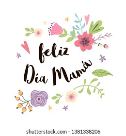 Mother Day greeting card decorated hand drawn cute flowers. Pink red floral pattern background. Hand drawn lettering title in Spanish Vector illustration Banner for Morthers day.