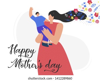 Mother Day Greeting Card, Postcard Vector Concept. Happy Mom Holding Little Son Cartoon Character. Family Holiday, Event congratulation Banner. Woman with Child Flat Illustration with Calligraphy