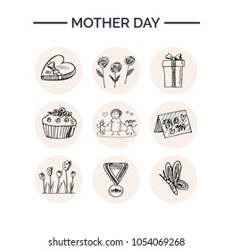 Mother day hand drawn doodle set. Sketches. Vector illustration for design and packages product. Symbol collection.