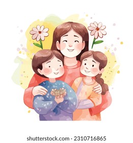 Mother Day Happy Asian Celebrate Hand Drawn Watercolor Illustration