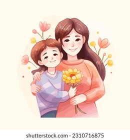 Mother Day Happy Asian Celebrate Hand Drawn Watercolor Illustration