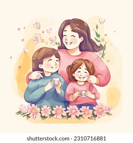 Mother Day Happy Asian Celebrate Hand Drawn Watercolor Illustration