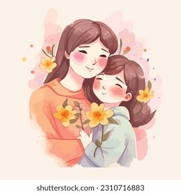 Mother Day Happy Asian Celebrate Hand Drawn Watercolor Illustration