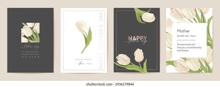 Tarjeta de vacaciones del día de la madre. Ilustración vectorial floral de primavera. Plantilla de flores de tulipán realistas de bienvenida, fondo floral moderno, postal de mamá y niños, diseño de fiesta de verano moderno, cubierta para las madres