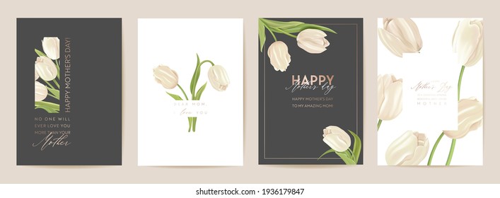 Tarjeta de vacaciones del día de la madre. Ilustración vectorial floral de primavera. Plantilla de flores de tulipán realistas de bienvenida, fondo floral moderno, postal de mamá y niños, diseño de fiesta de verano moderno, cubierta para las madres